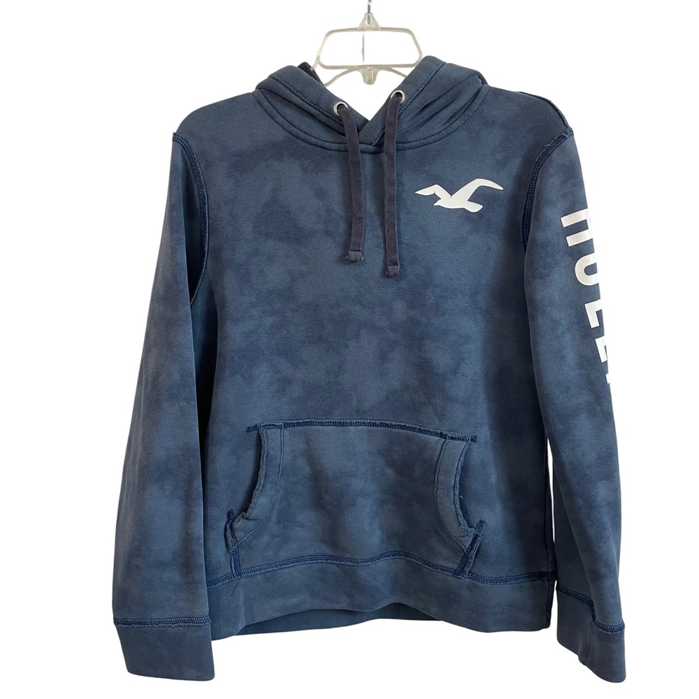 Hollister Hoodie Womens XS Blue Tie Dye Graphic Logo Pullover Sweatshirt Y2K